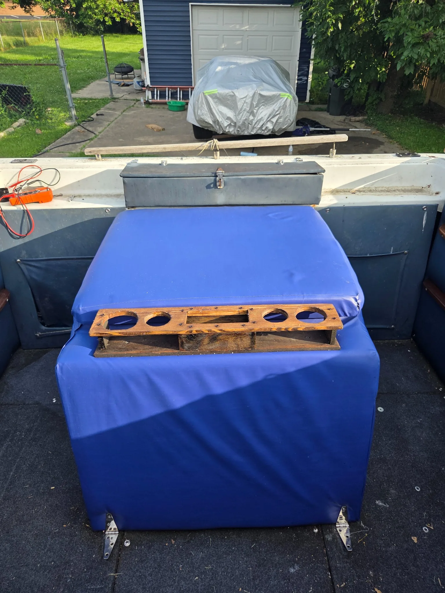 Rebuilt rear seating structure and blue upholstery.