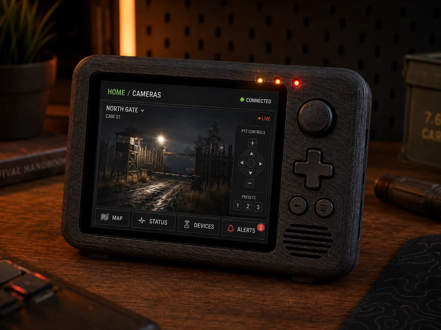 Camera-control screen concept with live view, PTZ controls, presets, and persistent navigation. Concept visualization.