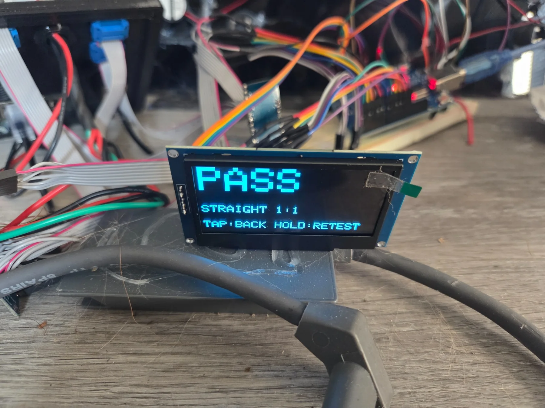 Bench validation showing a straight 1:1 cable passing the selected profile.