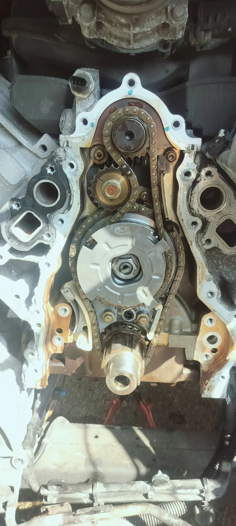 Timing chains, guides, phasers, and front-engine components exposed during diagnosis.